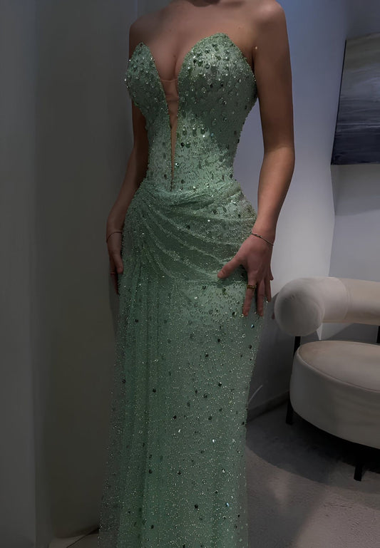 Sage Green Sheath Sweetheart Neck Exquisite Rhinestone Tulle Long Prom Dress Evening Dress DP6688