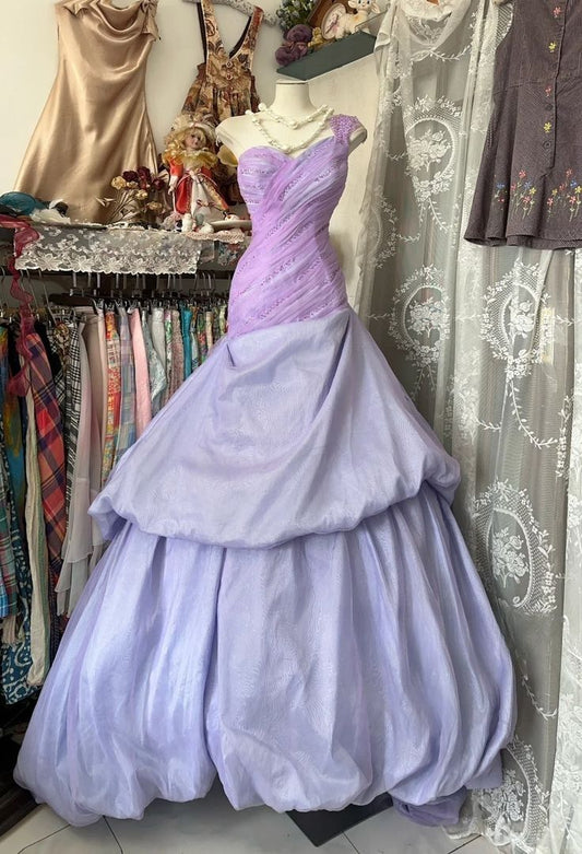 Purple Ball Gown One Shoulder Beaded Tulle Long Prom Dress Formal Gown DP3438