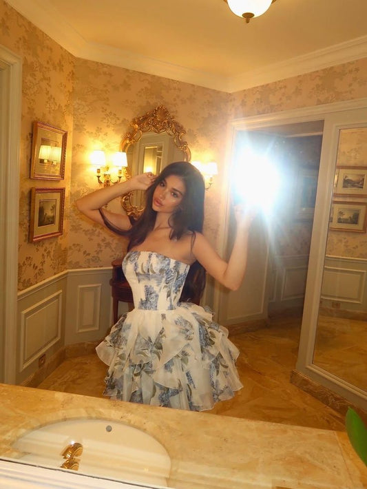 Blue Print Floral A Line Strapless Ruffle Organza Short Homecoming Dress Outfits DP3030