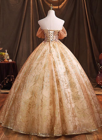 Gold A Line Off-the-shoulder Sequin Tulle Long Ball Gown Formal Dress DP888
