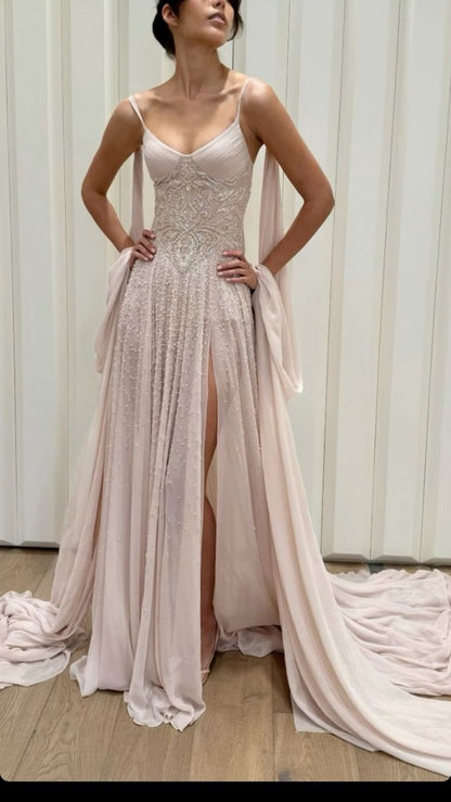 Stunning Light Pink A Line Straps Beaded Slit Chiffon Prom Dress Graduation Prom Dress DP5181