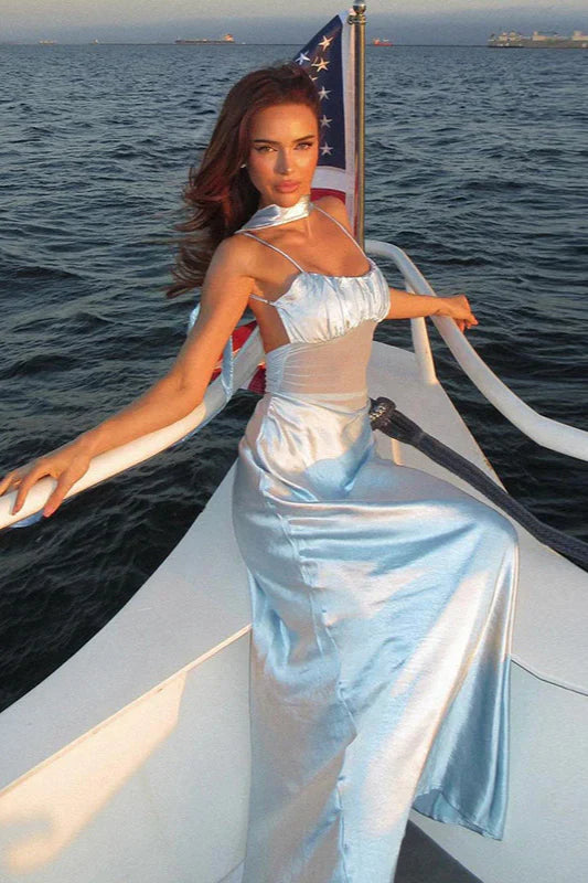 Baby Blue A Line Spaghetti Straps Satin Prom Dress Evening Dress DP5589