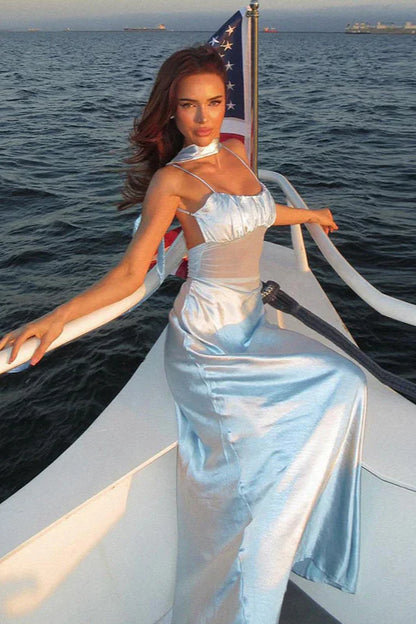 Baby Blue A Line Spaghetti Straps Satin Prom Dress Evening Dress DP5589