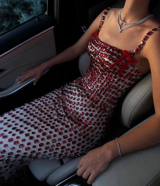 Charming Red Sheath Spaghetti Strap Exquisite Rhinestone Tulle Long Prom Dress Evening Dress DP6685