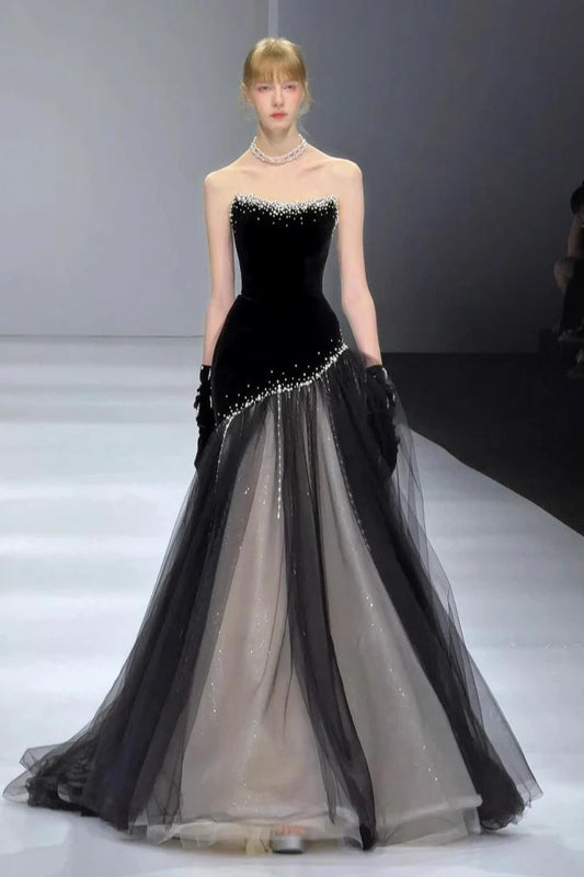 Stunning Mermaid Strapless Pearls Black Velvet Tulle Long Prom Dress Evening Dress DP6089