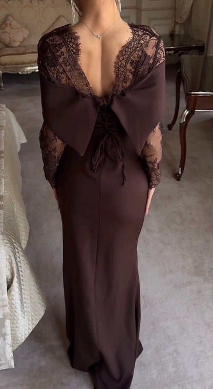 Elegant Brown Sheath Long Sleeve Lace Satin Prom Dress Date Dress DP5102