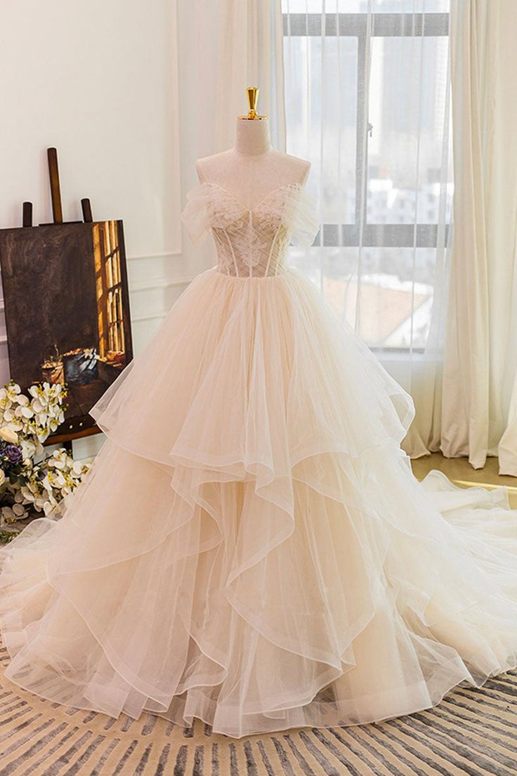 A Line Off-the-shoulder Applique Tulle Long Prom Dress DP783