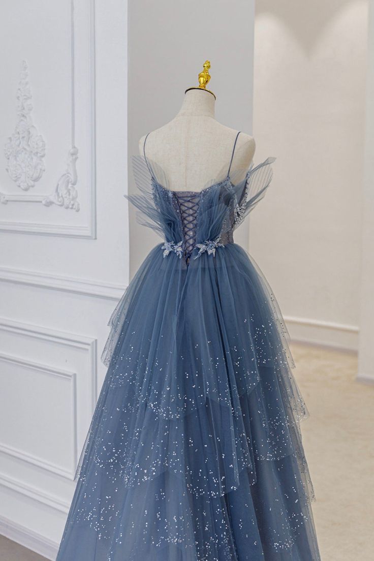 Stunning Exquisite Beaded A Line Strapless Layered Blue Tulle Prom Dress Evening Dress Date Dress DP3469