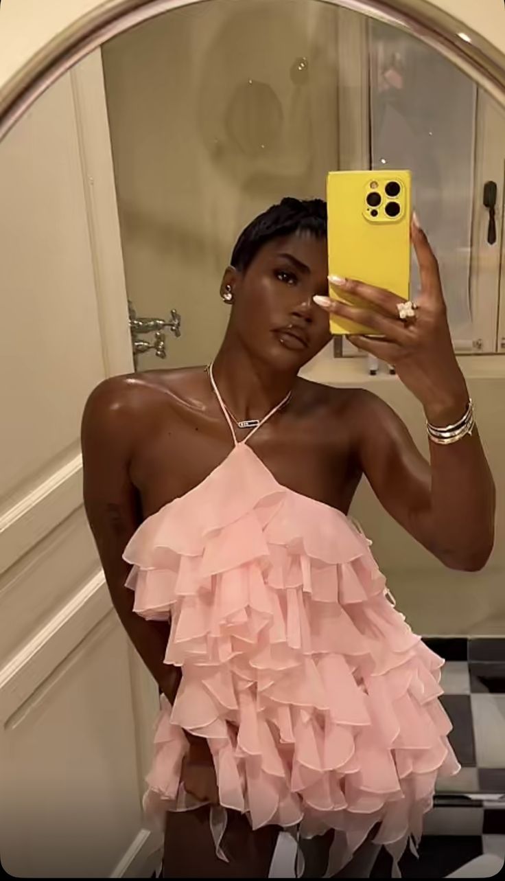 Cute Pink A Line Halter Layered Chiffon Short Homecoming Dress Outfits Birthday Dress DP3315