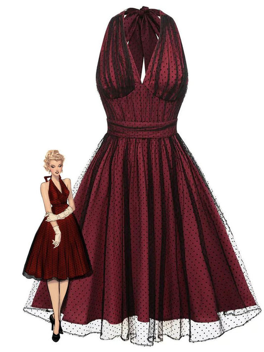 Princess Burgundy A Line Halter Black Polka Dot Tulle Satin Knee Length Homecoming Dress Party Dress DP3870