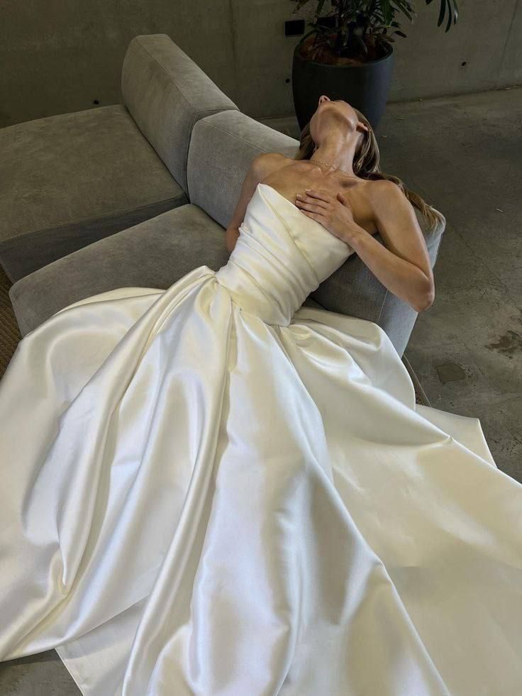Simple Elegant A Line Strapless Pleated Satin Long Wedding Dress DP4951