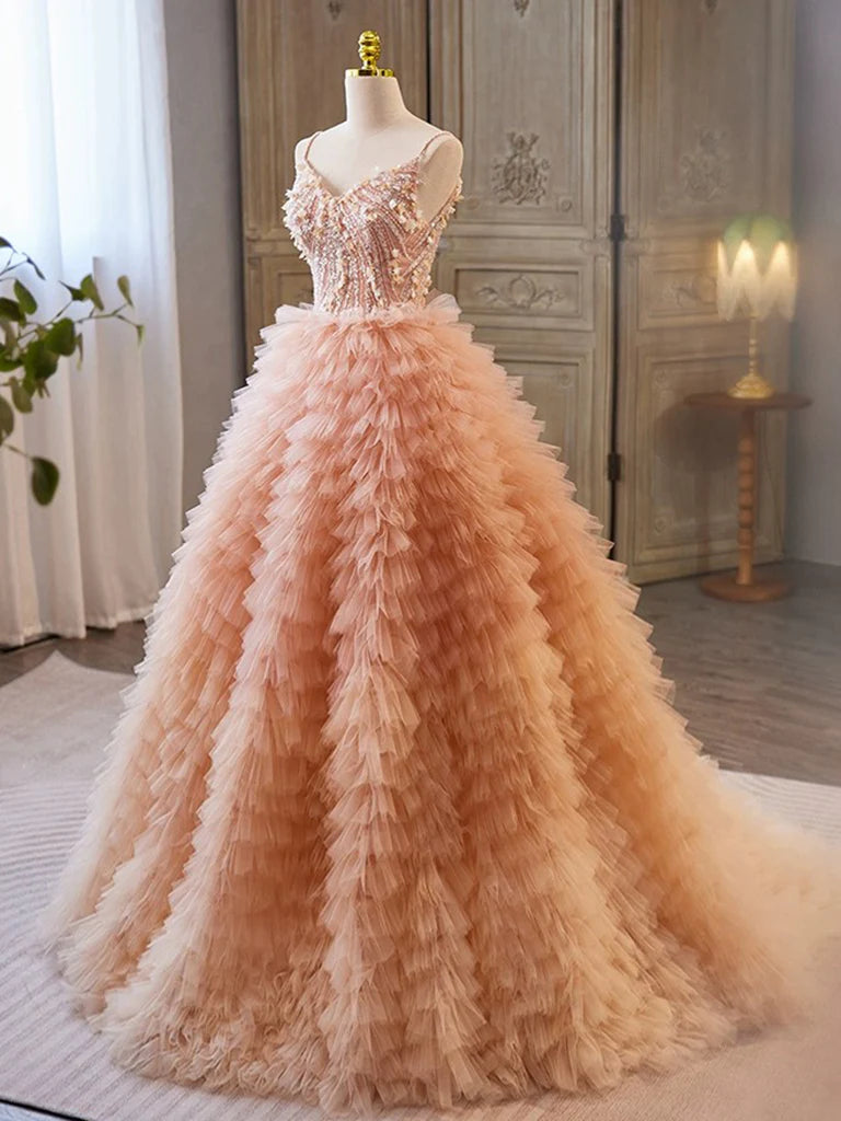 V Neck Tulle Sequin Orange Pink Long Prom Dress Evening Dress DP1083
