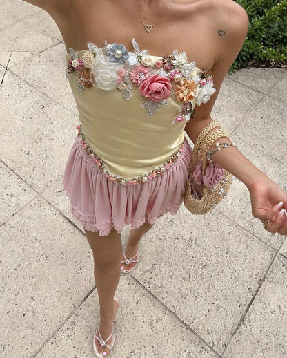 Floral Exquisite A Line Yellow Satin Pink Chiffon Short Homecoming Dress 20th Birthday Dress Outfits DP3387