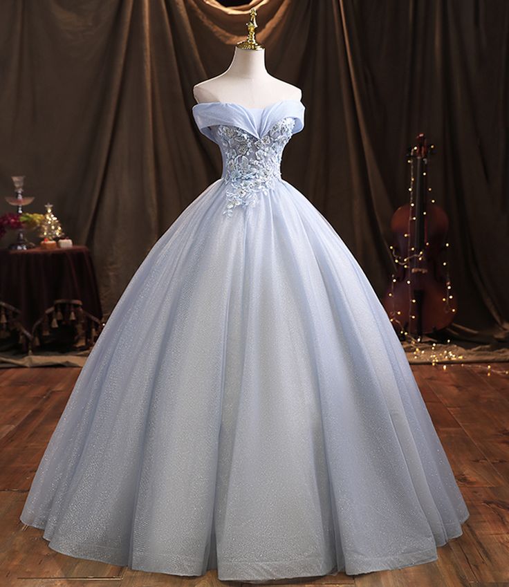 Blue Off-the-shoulder Appliques Tulle Lace Long Ball Gown DP910