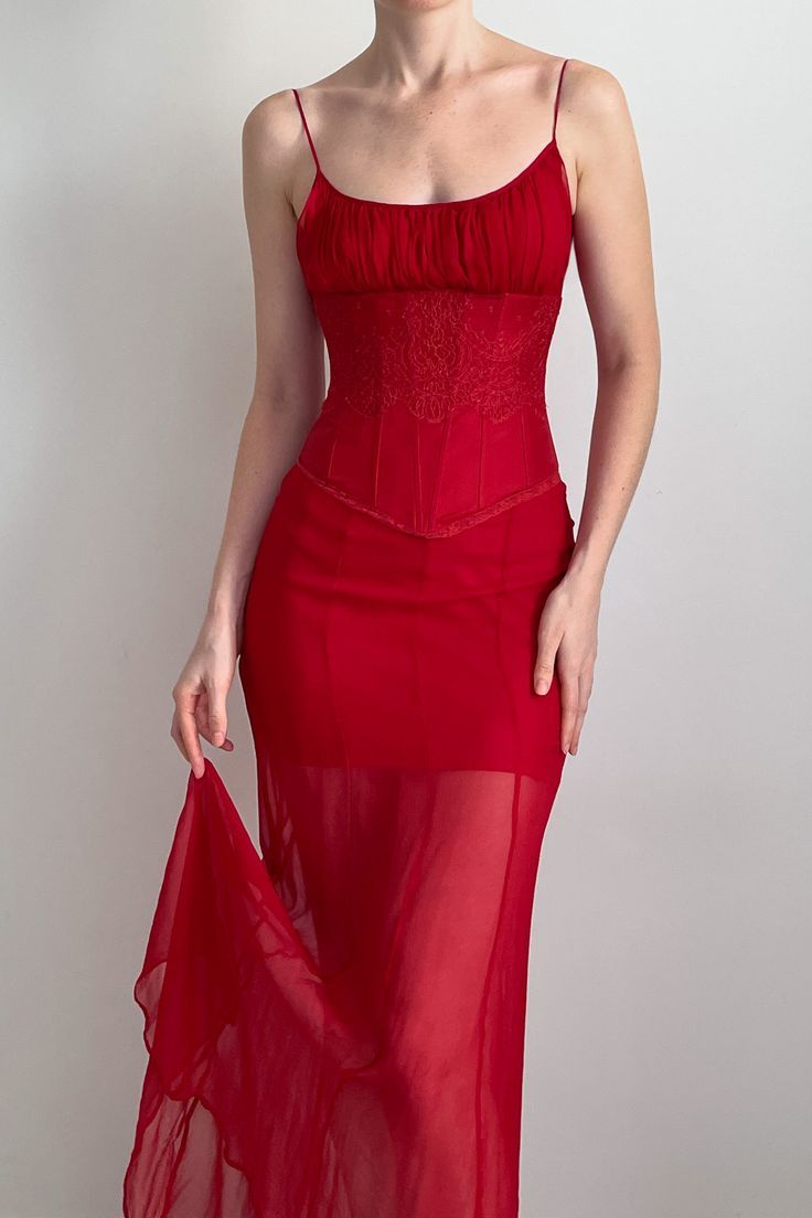 Vintage Sexy Mermaid Straps Red Beaded Chiffon Prom Dress Evening Dress DP5510