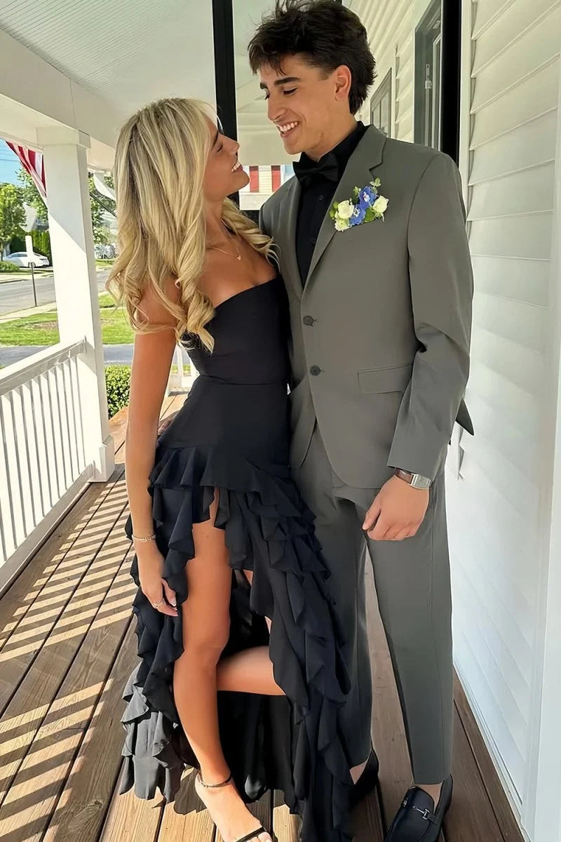Sexy A Line Strapless Ruffle Black Satin Evening Dress Prom Dress with Slit DP7671
