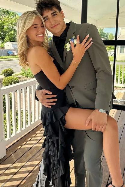 Sexy A Line Strapless Ruffle Black Satin Evening Dress Prom Dress with Slit DP7671