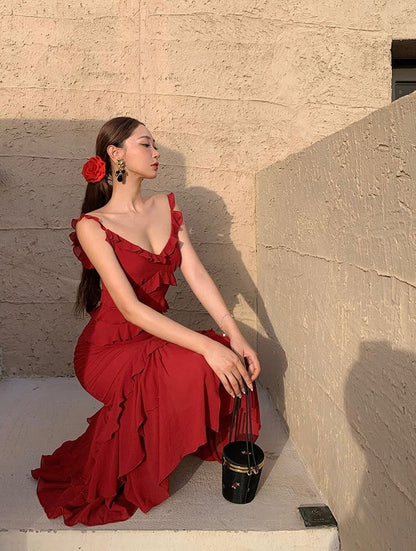 Sexy Burgundy Mermaid Spaghetti Strap Layered Chiffon Formal Gown Evening Dress DP3428