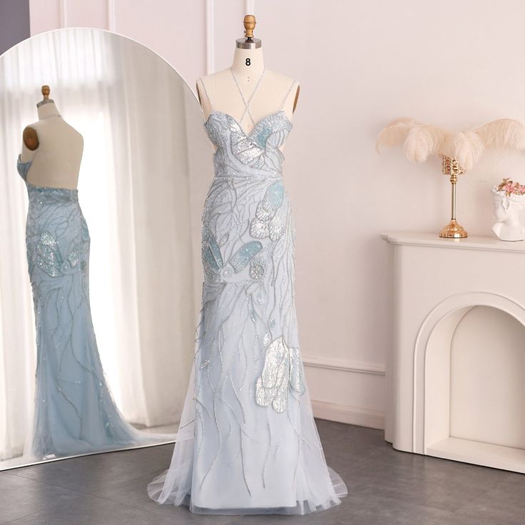 Luxury Mermaid Spaghetti Straps Beading Sequins Tulle Evening Dresses DP807
