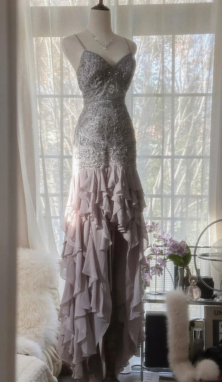 Light Lilac Sheath Spaghetti Strap Beaded Appliques Chiffon Prom Dress Graduation Prom Dress DP1997