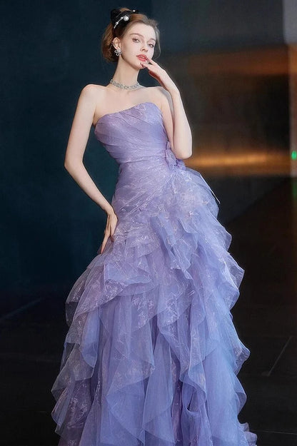 Lilac Ball Gown Strapless Pleated Layered Organza Tulle Long Prom Dress Evening Dress DP6090