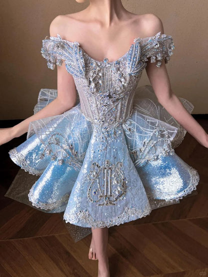 Blue A Line Off the Shoulder Exquisite Beaded Sequin Short Homecoming Dress DP4601