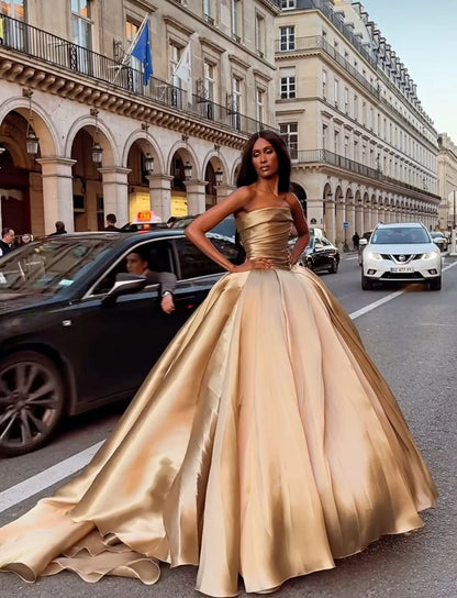 Brown Ball Gown Strapless Satin Long Prom Dresses 16th Birthday Dress DP3677