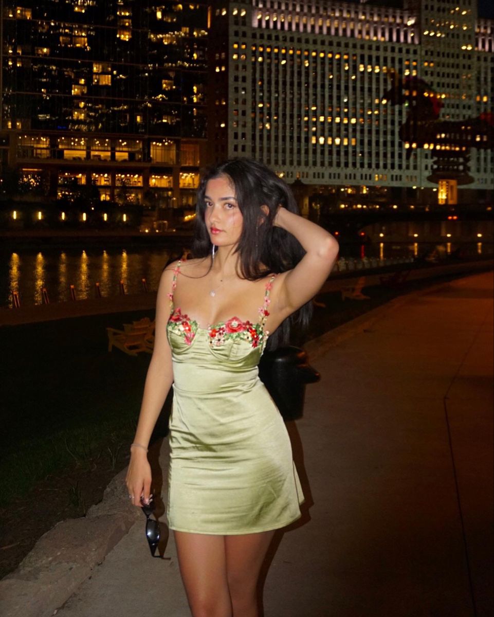Green A Line Spaghetti Strap Applique Satin Short Homecoming Dress Mini Dress DP7402