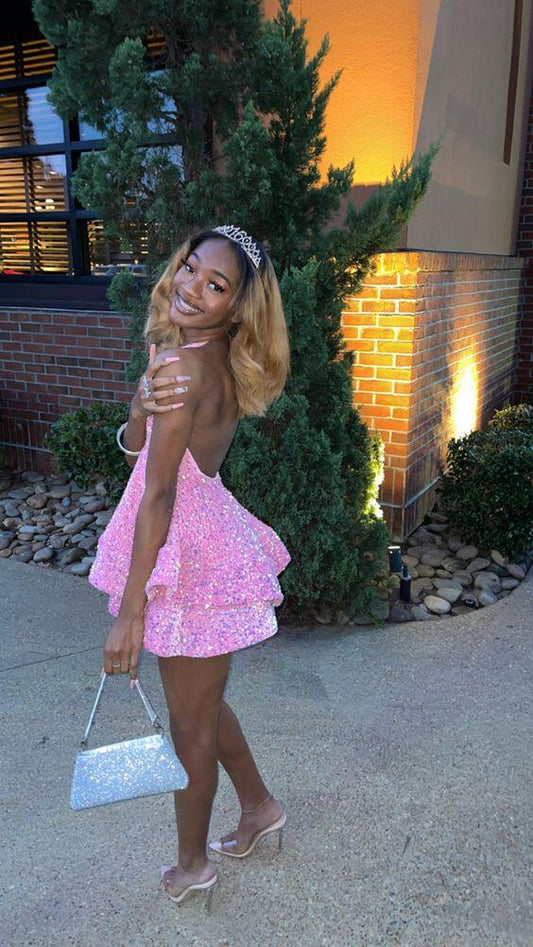 Pink A Line Halter V Neck Sequin Short Homecoming Dress Birthday Dress DP1701