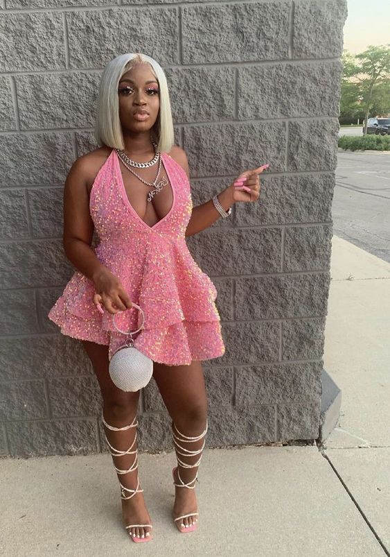 Pink A Line Halter V Neck Sequin Short Homecoming Dress Birthday Dress DP1701