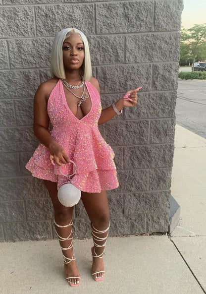Pink A Line Halter V Neck Sequin Short Homecoming Dress Birthday Dress DP1701