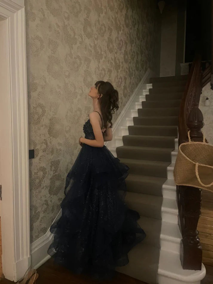 Dreamy Navy Blue Ball Gown Spaghetti Straps Appliques Organza Prom Dress Formal Dress DP3509