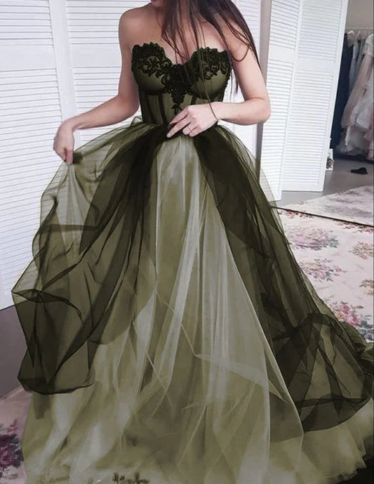 Princess Green A Line Sweetheart Neck Black Appliques Tulle Prom Dress Party Dress DP3187