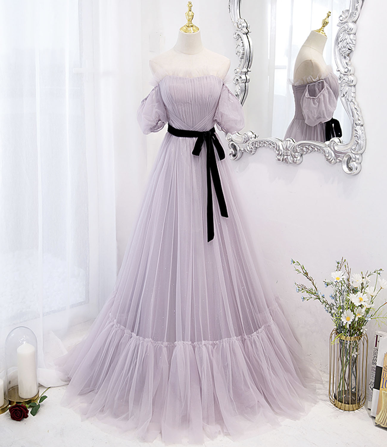 A Line Off-the-shoulder Purple Tulle Long Prom Dress Evening Dress DP1080