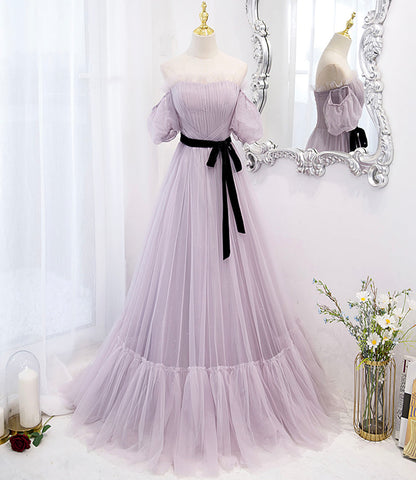 A Line Off-the-shoulder Purple Tulle Long Prom Dress Evening Dress DP1080