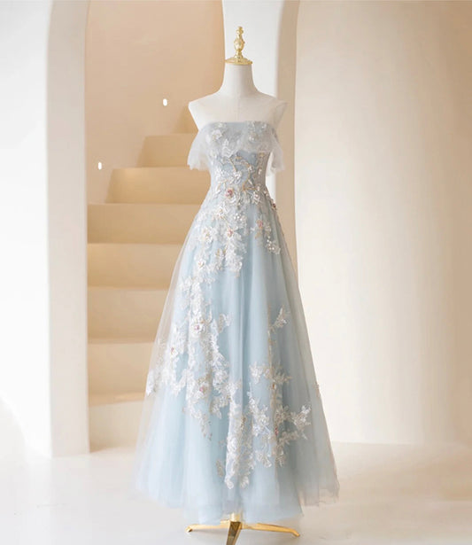A Line Strapless Appliques Blue Tulle Lace Prom Dress Evening Dress DP1095