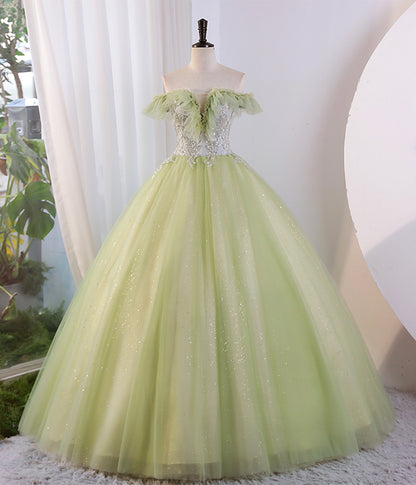 Off Shoulder Green Tulle Floor Length Prom Dress Evening Party Dress DP1071