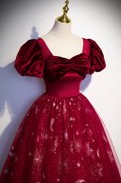 Burgundy A Line Puff Sleeve Velvet Tulle Long Prom Dress Evening Dress  DP1215