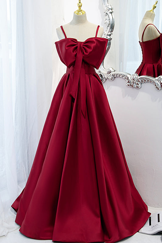 Burgundy A Line Spaghetti Strap Satin Prom Dress Evening Dress with Big Bow DP1097