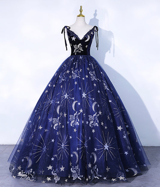 Navy Blue Spaghetti Straps Embroidery Tulle Long Prom Dress  Formal Dress DP1189