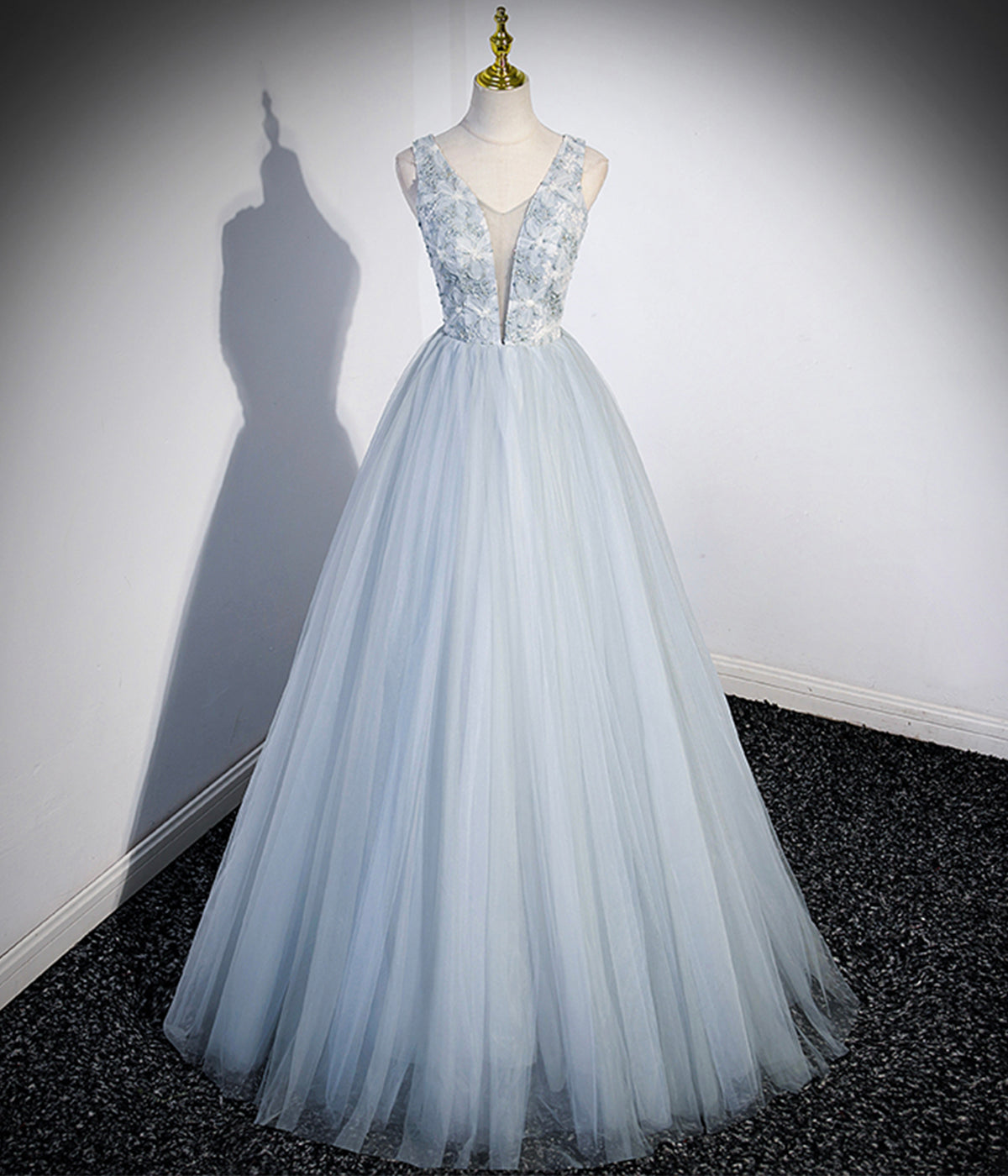 Light Blue A Line V Neck Floral Tulle Prom Dress Evening Dress DP1105