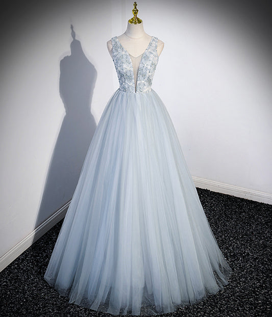 Light Blue A Line V Neck Floral Tulle Prom Dress Evening Dress DP1105