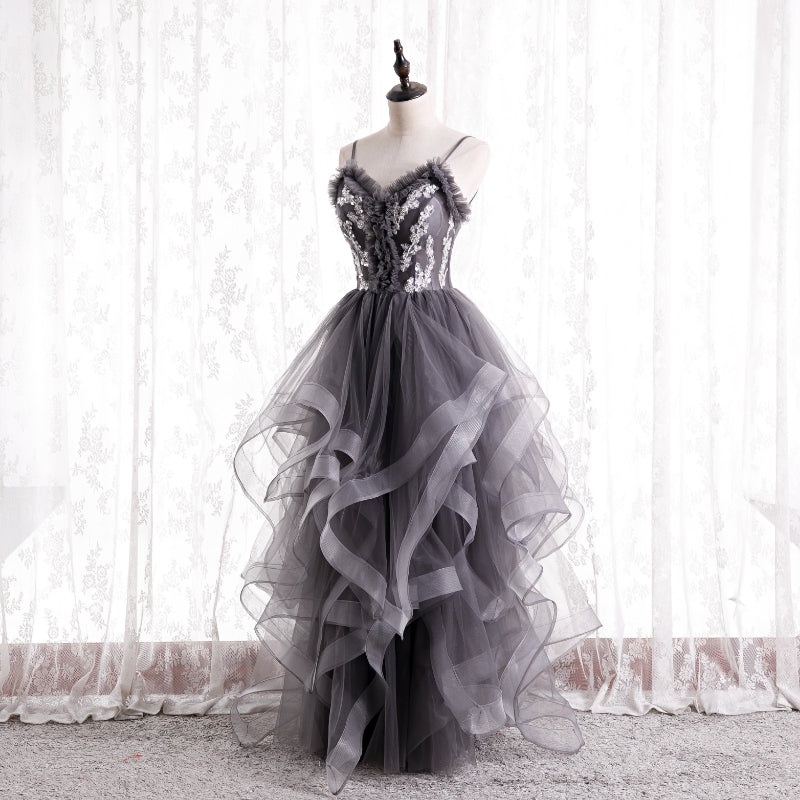 Gray Straps Ruffle Tulle Lace Long Prom Dress Evening Dress DP1082