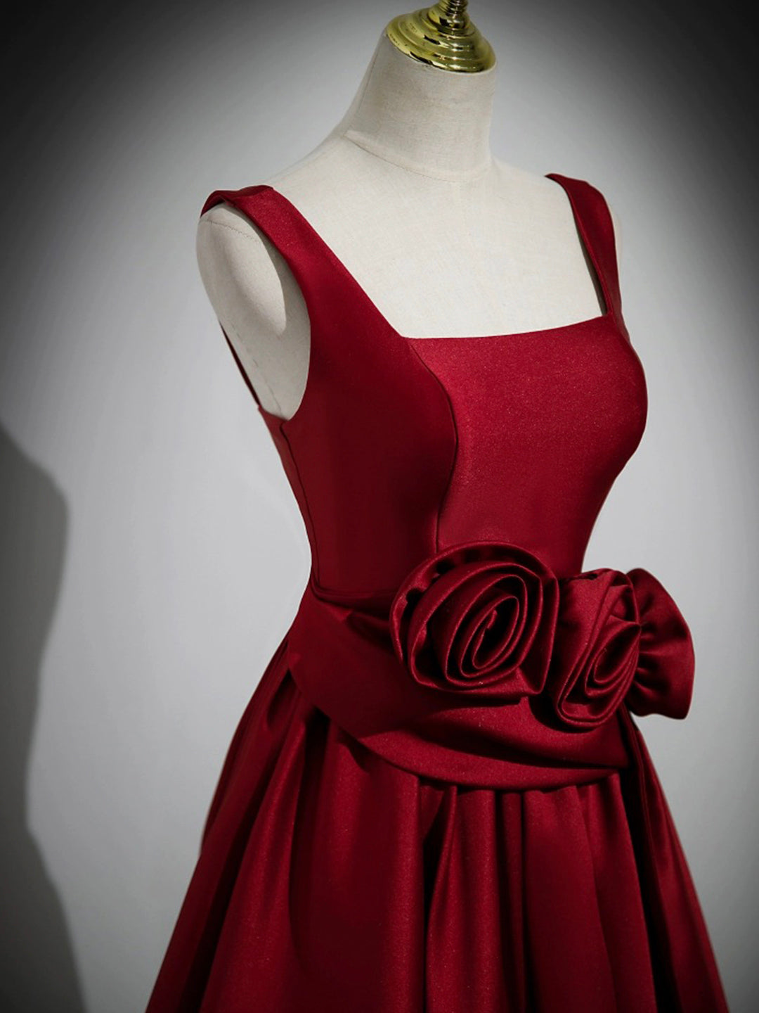 Burgundy A Line Square Floral Satin Long Prom Dress DP947