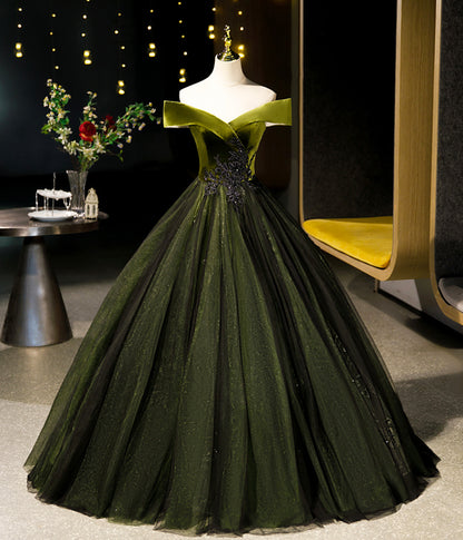 Green Off-the-shoulder Appliques Velvet Tulle Long Prom Dress Evening Dress DP912