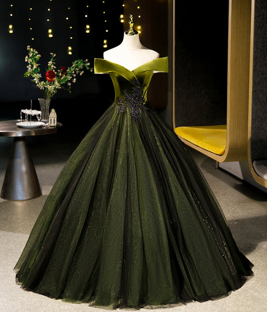 Green Off-the-shoulder Appliques Velvet Tulle Long Prom Dress Evening Dress DP912