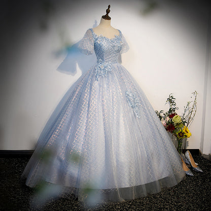 Blue A Line Short Sleeve Sequins Tulle Lace Long Prom Dress Evening Dress DP1312