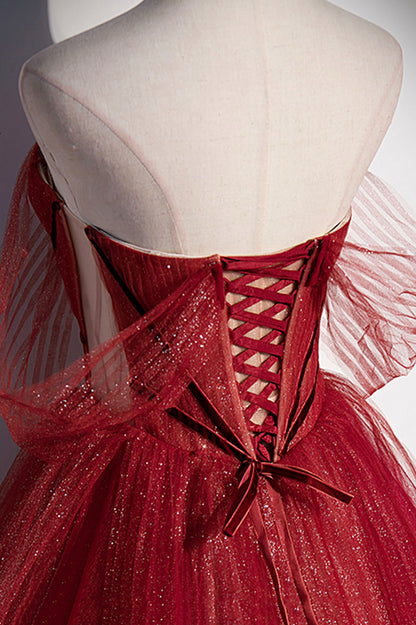 Burgundy A Line Off the Shoulder Tulle Sequins Long Prom Dress Evening Gown DP1198