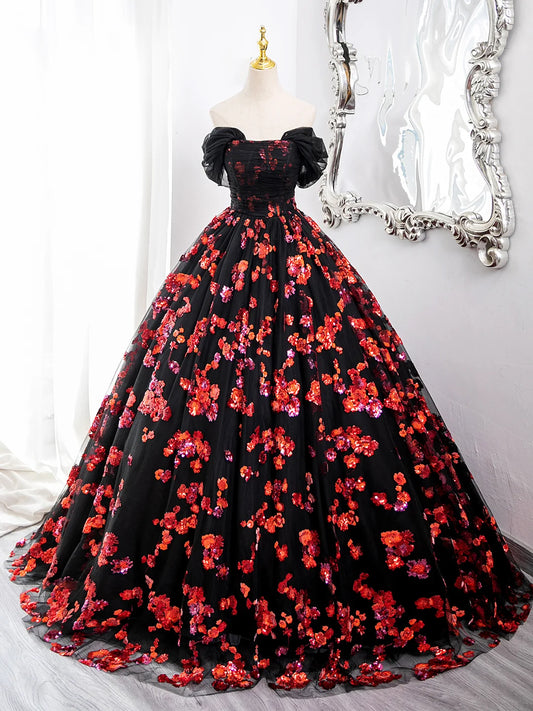 Off-the-shoulder Black Tulle Red Sequins Long Formal Gown  Evening Party Dress DP914
