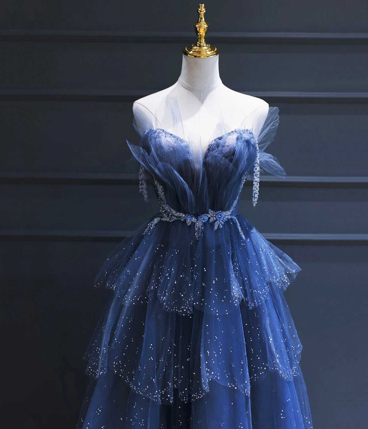 Dark Blue A Line Strapless Beaded Tulle Long Senior Prom Dress  Evening Party Dress DP915